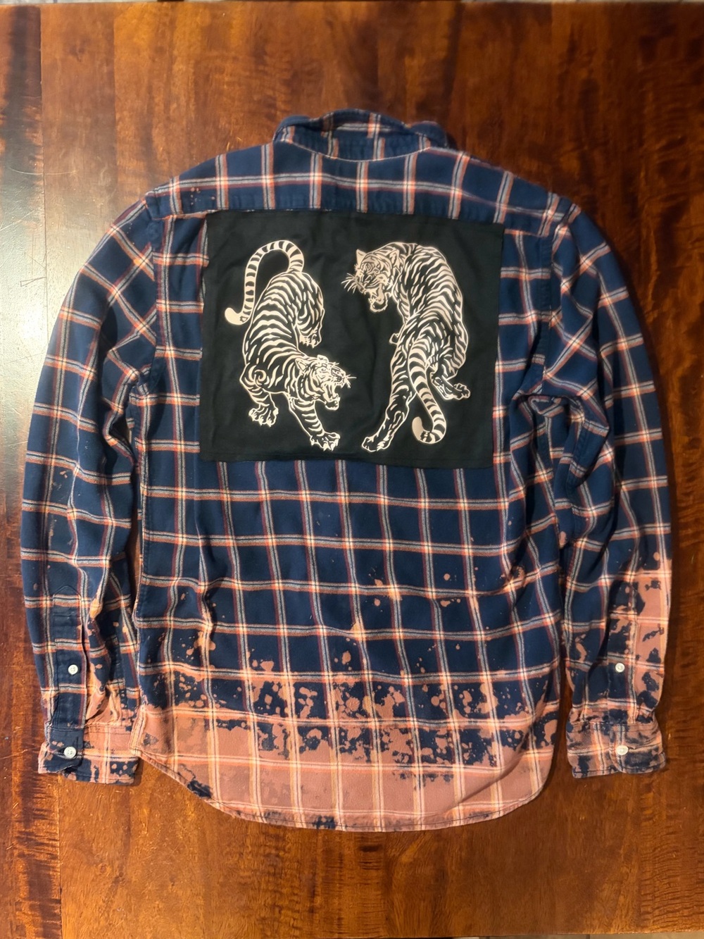 Upcycled Bleach Dyed Old Navy Navy Plaid Button-Down with Tiger Back Patch Sz Sm
